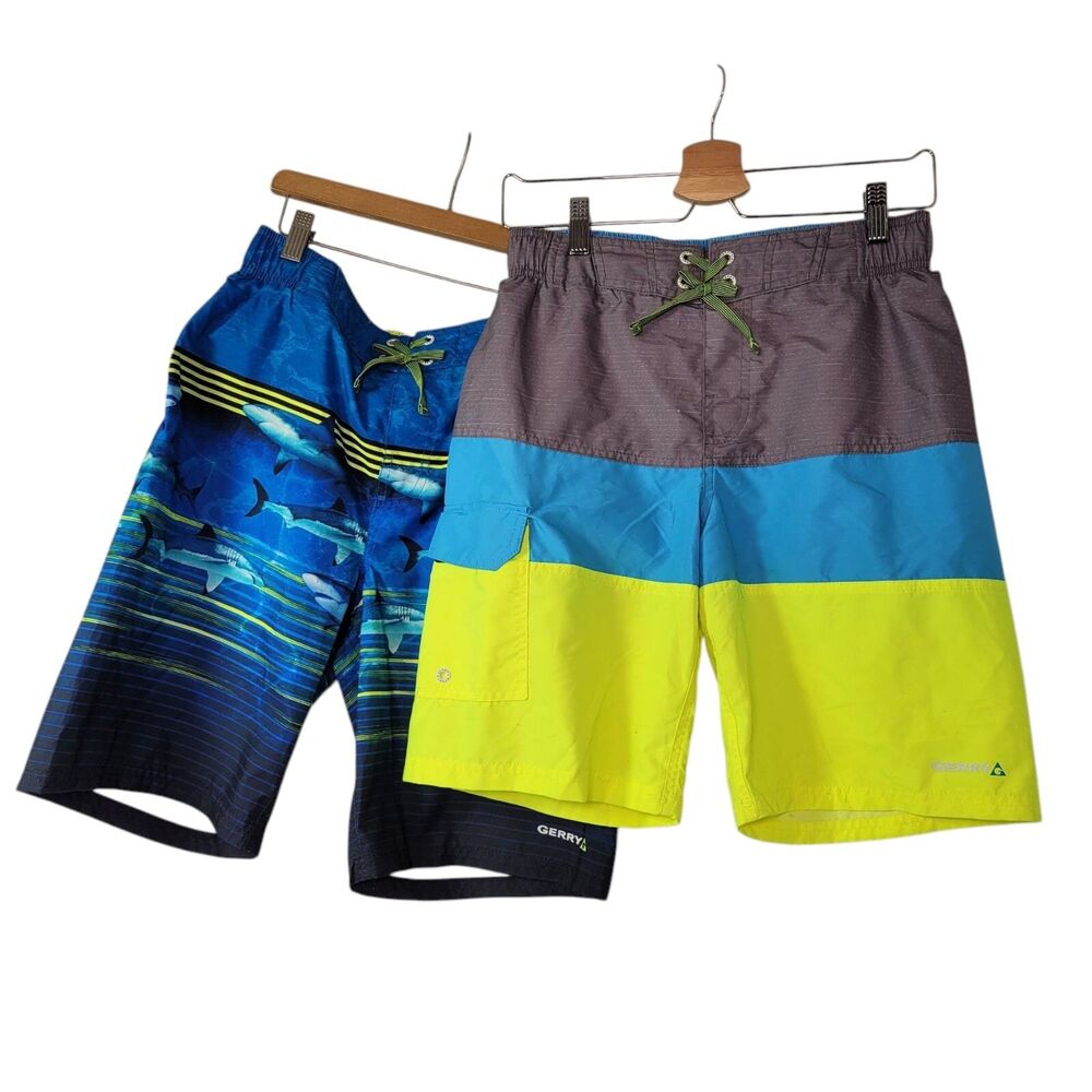 Gerry Youth Boy's 2-pack UPF 50+ Swim Trunks, Blue/Green/Gray Size Large (14/16)